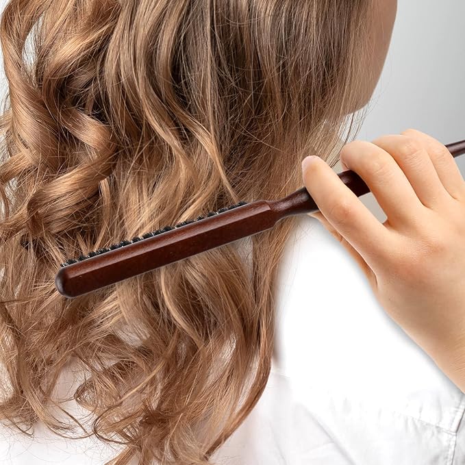 Boar Bristle Styling Brush with Rat Tail for Curly Hair Sectioning, Backcombing, and Smoothing