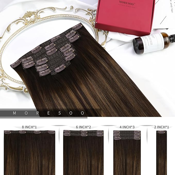 Moresoo Clip in Hair Extensions Remy Double Weft Human Hair Clip in Extensions Straight Balayage Hair Extensions Real Human Hair Clip ins Ombre Dark Brown with Chestnut Brown 7pcs/120g 18inch