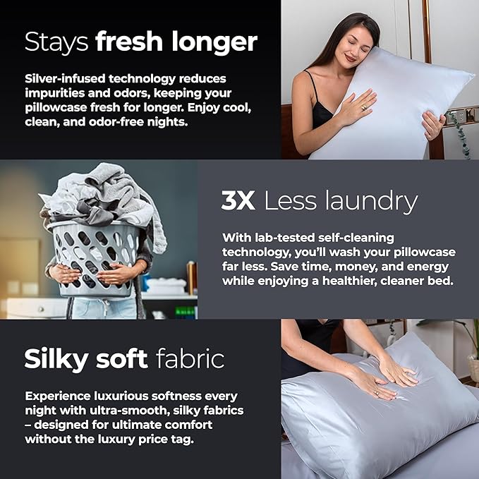 Silvery Silver Infused Pillowcase Set - 2 Pack Self-Cooling Pillowcases with Self-Cleaning Silvery Technology™ for Hygienic Sleep - Luxurious Silky Soft Comfort (Gray, King (U.S. Standard))