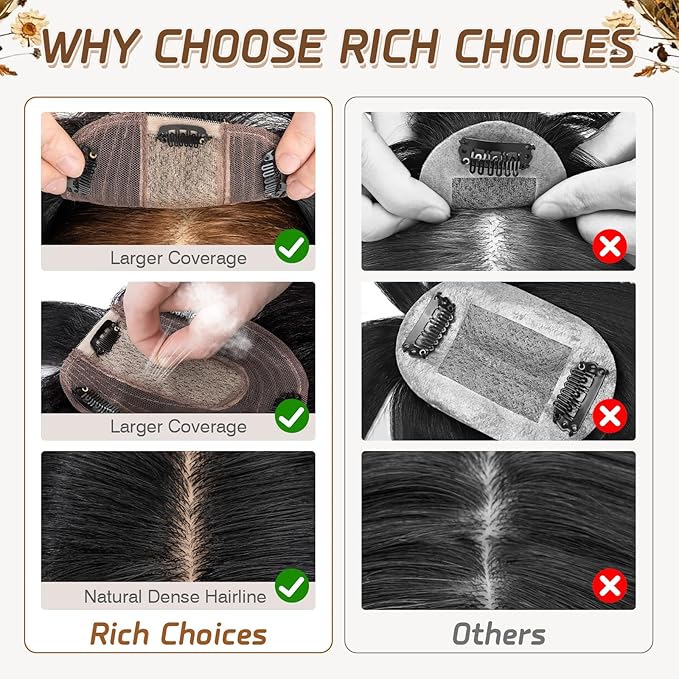 Rich Choices Real Human Hair Toppers for Women With Bang 100% Remy Human Hair Topper for Thinning Hair Clip in Silk Base Hair Topper 14 Inch #1 Jet Black