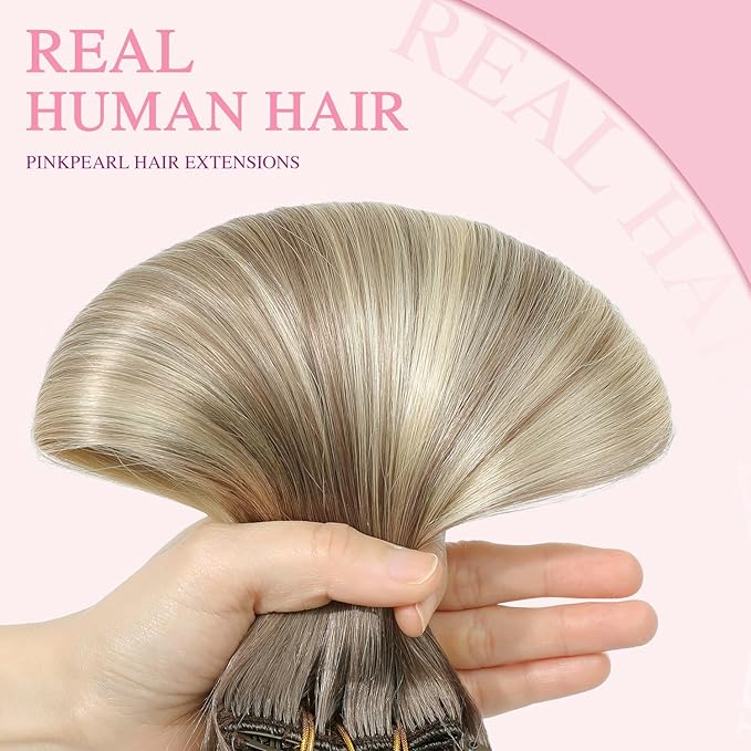 PINKPEARL Human Hair Clip in Hair Extensions 18inch #8T60 Ash Brown to Platinum Blonde Balayage Clip in Hair Extensions Real Human Hair 7pcs 120g Natural Remy Human Hair(#8T60-18)