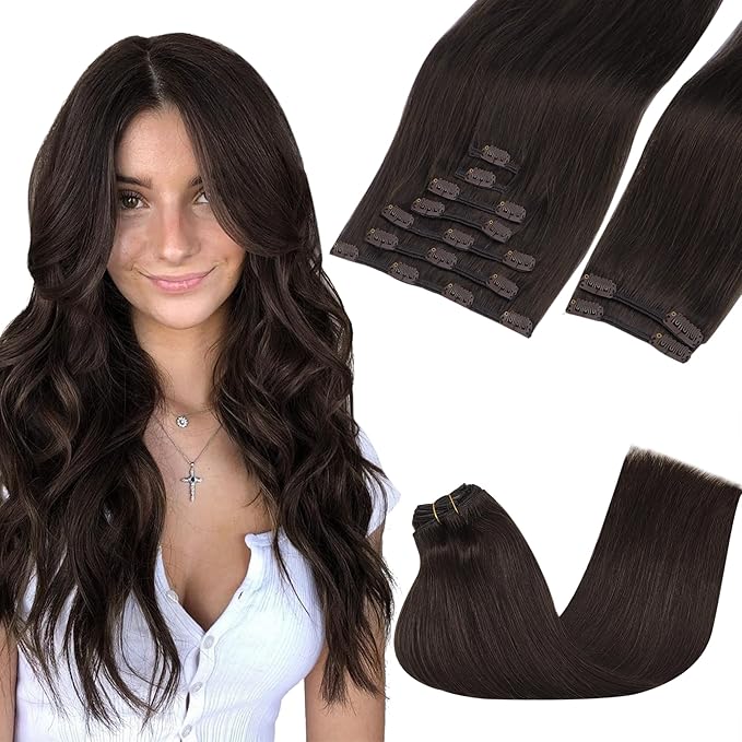 GOO GOO Clip in Hair Extensions Real Human Hair, Remy Human Hair Extensions Clip ins for Women, Natural Human Hair, 16inch 150g 9Pcs, 2A Light Brown