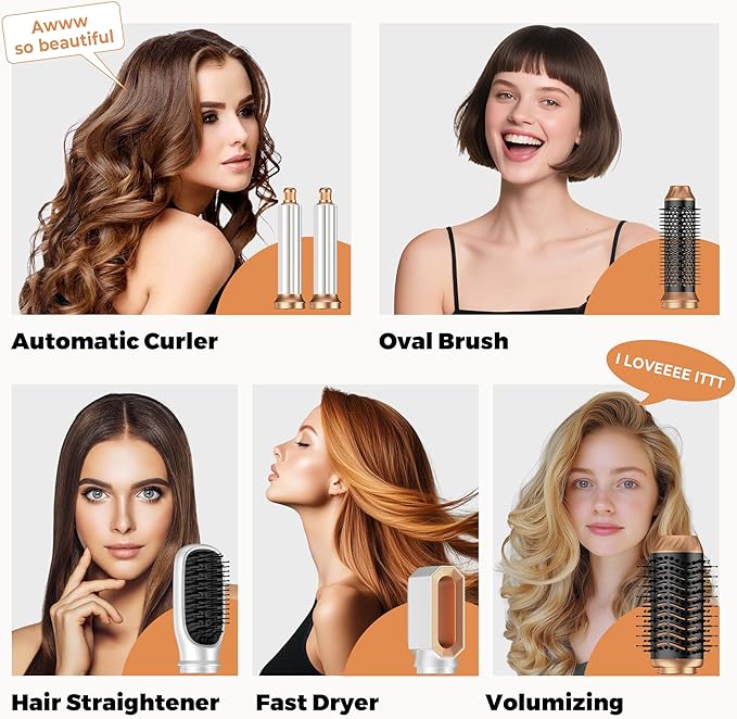 6 in 1 Blow Dryer Brush Set,Hot Air Styler Negative Ion Air Curling Wrap Air Curler, Round Brush Blow Dryer Curling Iron Hair Styling Tools Gift for Dry,Volumize, Straight,Curl,100-120V