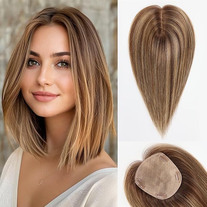 starluck Hair Toppers for Women Real Human Hair 5"*5.5"Large Coverage Mixed Brown No Bangs 100% Real Human Hairtoppers for Women with Thinning Hair Cover Gray Roots
