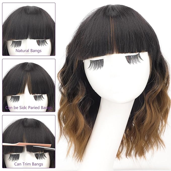 AISI HAIR Ombre Brown Short Wavy Bob Wigs with Bangs for Women Ombre Brown Wavy Wig Natural Looking Resistant Fiber Synthetic Hair for Daily