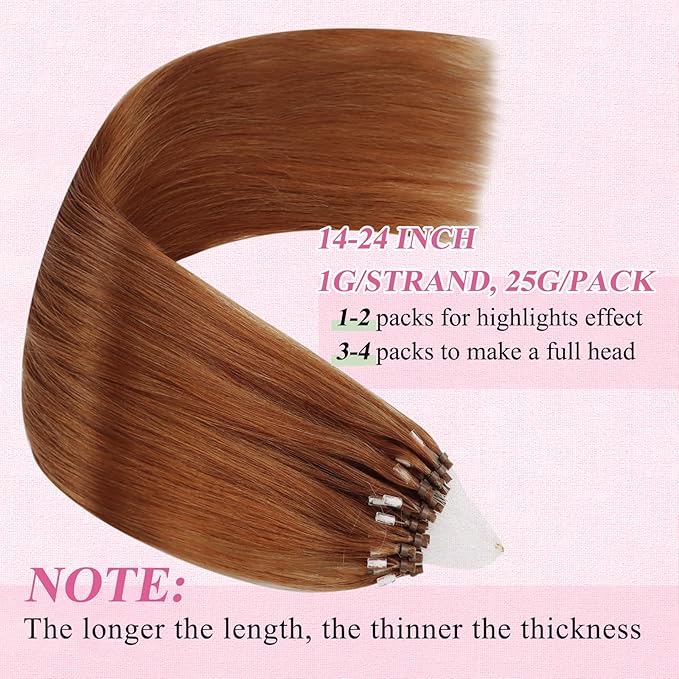 YoungSee Micro Hair Extensions Auburn 16 Inch Micro Bead Hair Extensions Real Human Hair Copper Micro Ring Hair Extension Copper Micro-Link Human Hair Extension 25g 25s Pre Bonded Remy Hair for DIY