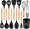 Silicone Cooking Utensils Set, Premium Beech Wood Handle Kitchen Gadgets Utensil Set, Non-Stick Kitchen Utensils Spatula, Tongs, Turner, Whisk, Brush, Spoon, BPA FREE, 446°F Resistant (Black)