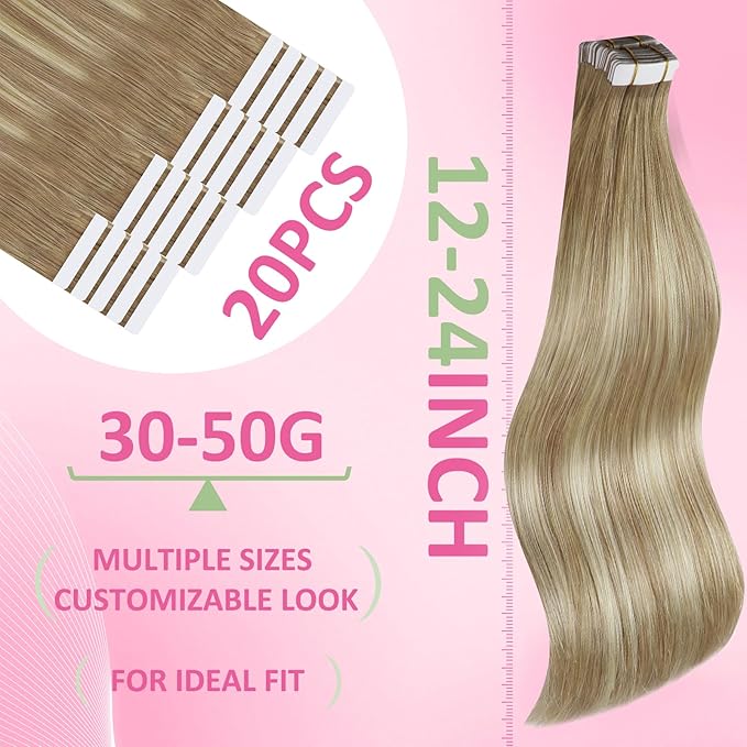 YoungSee Human Hair Tape in Extensions Balayage Tape in Hair Extensions Human Hair Extensions Tape in Ombre Brown to Platinum Blonde Invisible Tape-in Hair Extension Human Hair 14In 20pcs 50g Straight