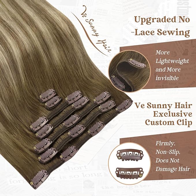 Ve Sunny Clip in Hair Extensions Brown Balayage Clip in Extensions Dark Brown Balayage Light Brown Mix Blonde Clip in Hair Extensions Real Human Hair for Women Natural Color 20inch 7pcs 120g