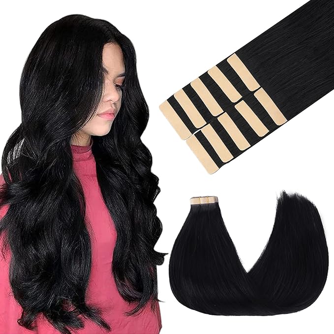 GOO GOO Tape in Hair Extensions Human Hair, 1 Jet black, 18inch 25g 10pcs, Skin Weft Seamless Invisible, Silky Straight with Thick Ends, Remy Human Hair