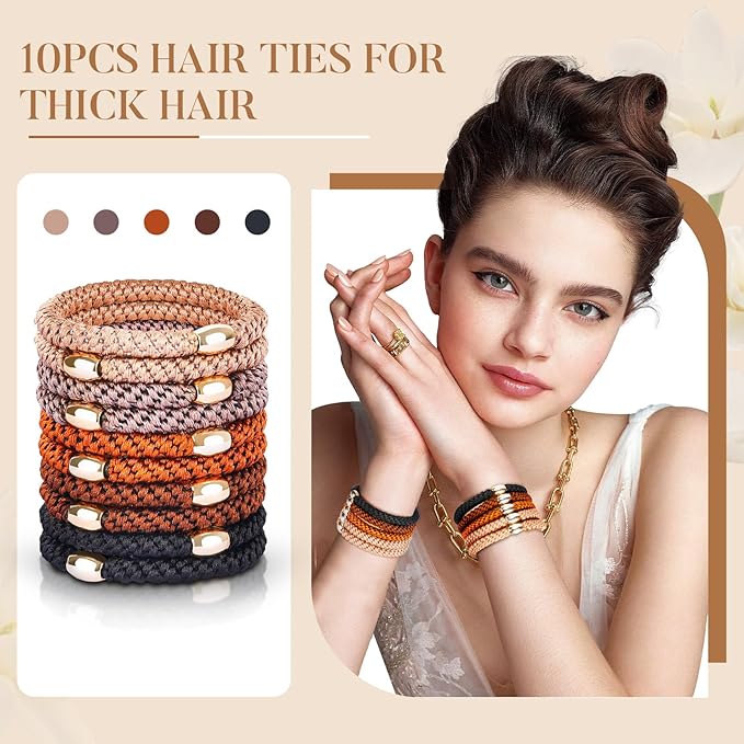 Hair Ties No Damage - 10PCS Ponytail Holders - Elastic Hair Ties for Thick Hair - Braided Hair Bands for Women Girls's Hair - Neutral