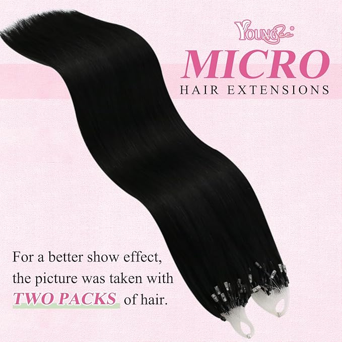 YoungSee Micro Loop Hair Extensions Real Human Hair Black Microloop Hair Extensions Human Hair Jet Black Beaded Hair Extension 20 Inch 50s 50g Micro Ring Hair Extension Long Straight Hair