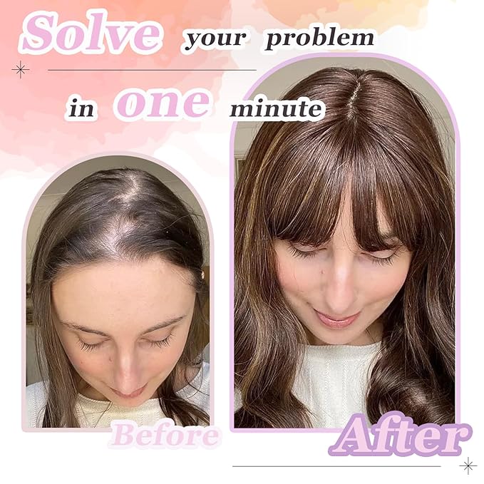 Hair Topper, 360° 3D Hair Toppers for Women with Thinning Crown, 20 Inch Long Wavy Curly Hair Pieces Clip in Bangs (Highlights Light Brown Mix Blonde with Brown Root, 20 inch, French Bangs)