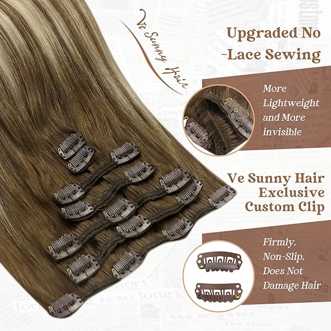 Ve Sunny Human Hair Clip in Extensions Natural Look Clip in Hair Extensions Balayage Real Human Hair Extensions Clip ins Chestnut Brown with Blonde Balayage Long Straight hair 120g 7pcs 22inch