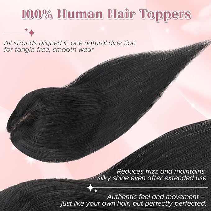 Real Human Hair Toppers for Women 3.54"*4.72" Silky Base 150% Density With Bangs Adjustable Parting Clip-In Topper Hairpieces for Women with Thinning Hair 10 Inches Dark Black