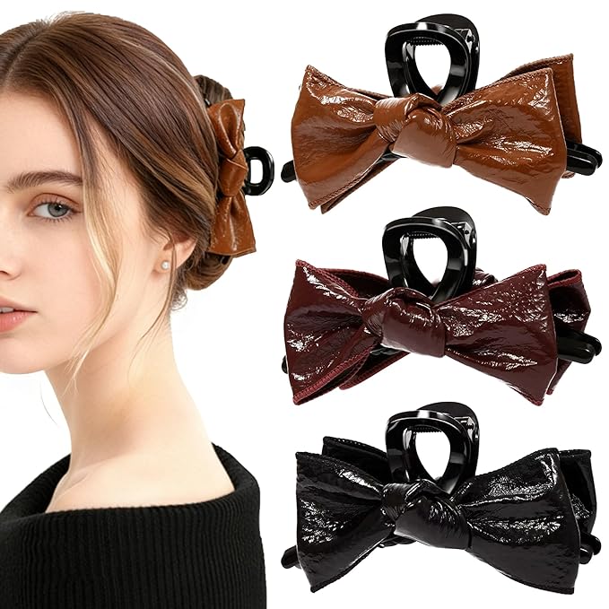 3Pcs Patent Leather Hair Claw Clips Set, Bowknot Hair Jaw Clamps in Brown-Black-Burgundy, Non-Slip Strong Hold Hair Accessories for Thin/Medium/Thick, Stylish Hair Grips for Women and Girls
