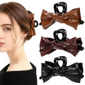 3Pcs Patent Leather Hair Claw Clips Set, Bowknot Hair Jaw Clamps in Brown-Black-Burgundy, Non-Slip Strong Hold Hair Accessories for Thin/Medium/Thick, Stylish Hair Grips for Women and Girls