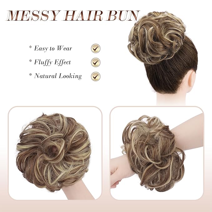FESHFEN Messy Bun Hair Piece - Elastic Wavy Curly Hair Bun Scrunchies Extensions Synthetic Chignon Hairpieces for Women, Copper Brown & Beige Blonde 1.5 oz