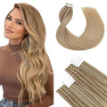 SURNEL Tape in Hair Extensions Human Hair Balayage Golden Brown Highlighted Fading to Golden Blonde Tape in Hair 16 inch 20pcs 50g(#10/16/16-16)