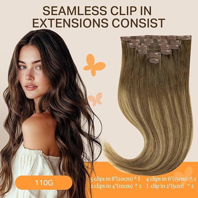 DOORES Real Human Hair Extensions - Medium Brown Highlighted Dirty Blonde, 7pcs 14 Inch 110g, Seamless Clip In, Invisi Edge, Straight