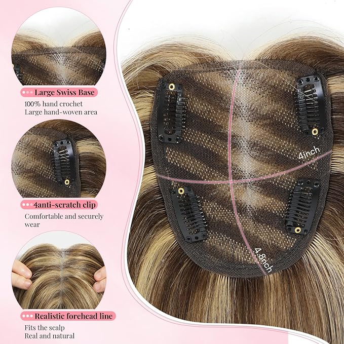 Hair Toppers for Women 12inch Hairpieces with 4x4.8 inch Large Swiss Base Hair Toppers for Hairloss(Medium Brown with Highlight)