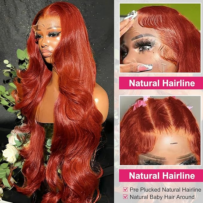 AMIRTY 200% Density 28 Inch Orange Ginger Lace Front Wigs Human Hair 13X4 HD Transparent Lace Front Wigs Human Hair Pre Plucked with Baby Hair #33 Wigs For Women