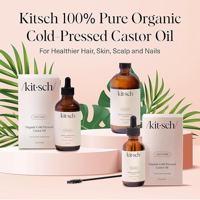 Kitsch Organic Castor Oil for Hair Growth - 100% Pure Castor Oil, Organic Cold Pressed Unrefined Glass Bottle for Face, Skin, Lashes, Brows, Scalp, Nails & Belly Button - Hexane Free, USDA - 4 oz