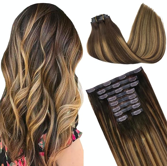 GOO GOO Clip in Hair Extensions Real Human Hair, Remy Human Hair Extensions Clip ins for Women, Natural Human Hair, 16inch 160g 9Pcs, #4/27/4 Balayage Chocolate Brown to Caramel Blonde