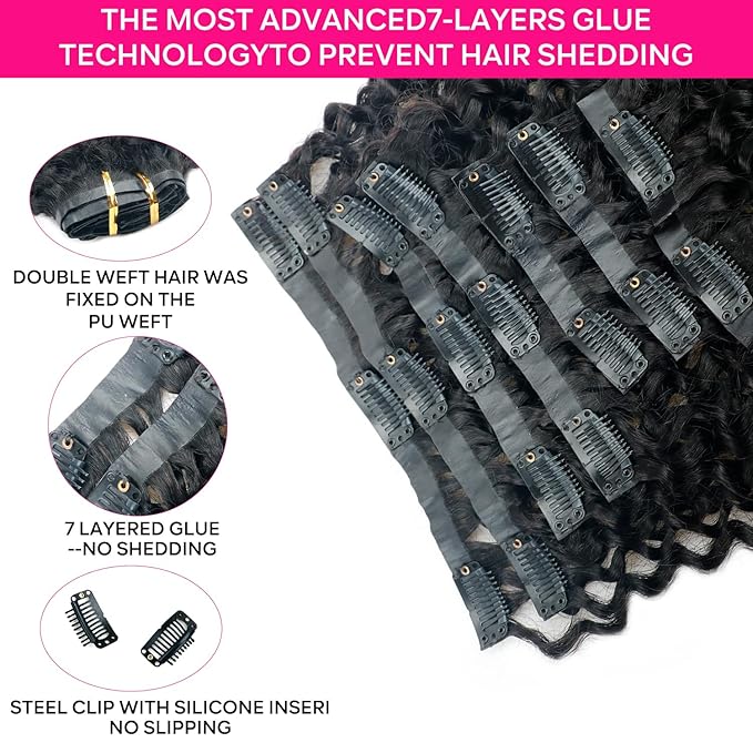 Seamless Curly Clip in Hair Extensions Real Human Hair Brazilian Virgin Human Hair Clip in Extensions 8Pcs Seamless Clip ins for Black Women with 18Clips PU Skin Weft 120g 14inch Natural Black