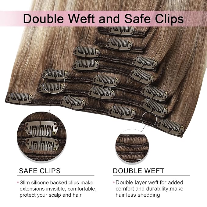 Pro2.0 Clip in Hair Extensions Real Human Hair 20inch 7pcs Color #8/60 Ash Brown to Platinum Blonde Remy Real Human Hair Extensions Clip ins 120g Thick Double Weft（#8/60-20inch）