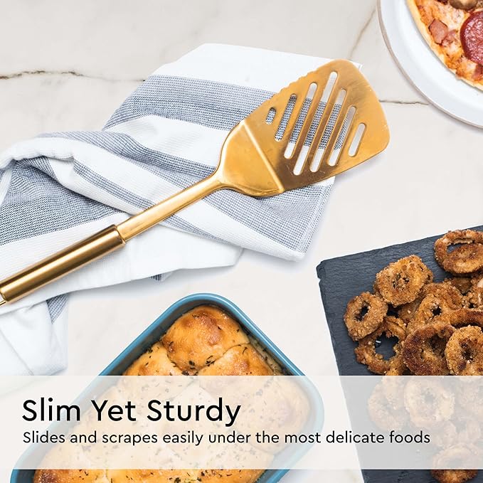 Gold Cooking Utensils Set – 5-Piece Stainless Steel Kitchen Tools for Modern Cooking and Serving – Dishwasher Safe Ladle, Spoon, Spatula, Pasta Fork, Luxury Brass Kitchen Accessories for Home Chefs