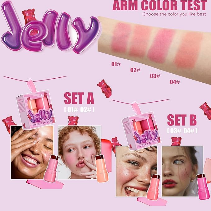 2 Pcs Milk Jelly Blush, Milk Cooling Water Jelly Tint, Vivid Color Water Jelly Tint Milk Blush, Sheer Eye Lip & Cheek Stick Stain, Long Wearing, Watercolor Finish Lip Gloss for Women, 01&02