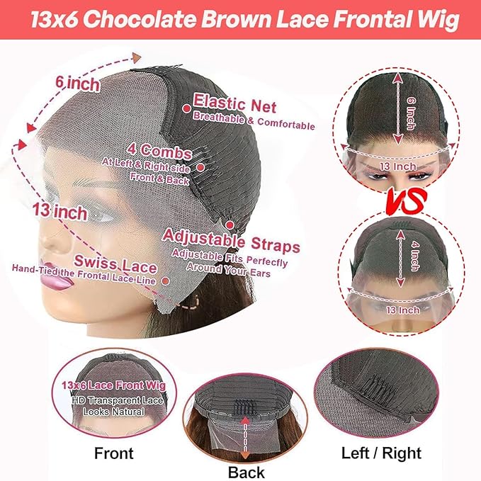 13x6 Body Wave Lace Front Wigs Human Hair Chocolate Brown Wig Human Hair Pre Plucked With Baby Hair 180 Density 4# Colored Brown HD Lace Frontal Wigs for Women 26Inch