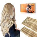 DOORES Clip in Human Hair Extensions, Dark Blonde Highlighted Bleach Blonde 150g 9pcs 20 Inch, Remy Hair Extensions Clip in Real Natural Hair Extensions Straight Thick