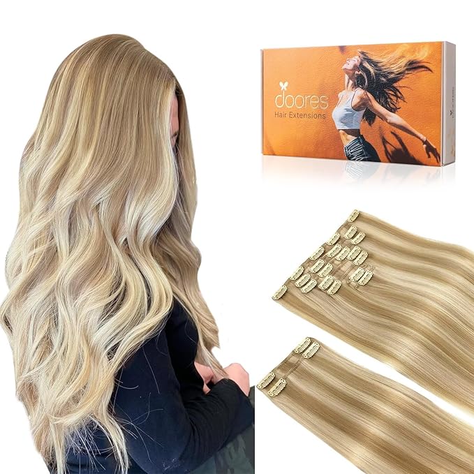 DOORES Human Hair Clip in Extensions, Balayage Dark Blonde Highlighted Bleach Blonde 24 Inch 9pcs 150g, Clip in Hair Extensions Remy Hair Extensions Silky Straight Extensions For Women Thick