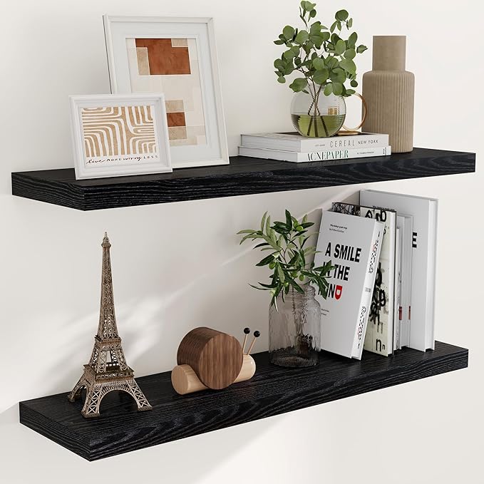 40 Inch Floating Shelves Black, 40" W x 9" D Floating Shelf Set of 2, Farmhouse Wood Wall Shelves for Bedroom, Kitchen, Wall Mounted Deep Shelving for Home Decor