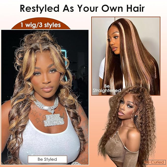 AMIRTY 250 Density Highlight Ombre Lace Front Wig Human Hair Honey Blonde Body Wave 360 HD Lace Front Wigs Human Hair Pre Plucked Brown 4/27 Colored Lace Frontal Glueless Wigs for Women 22 Inch