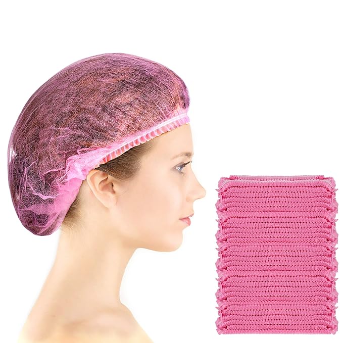 100 Pcs Disposable Nonwoven Bouffant Caps 21 Inch Hair Net Elastic Cap Hair Cover Hats for Beauty Salon Hospital Spa Catering Dust-free Workspace(Pink)