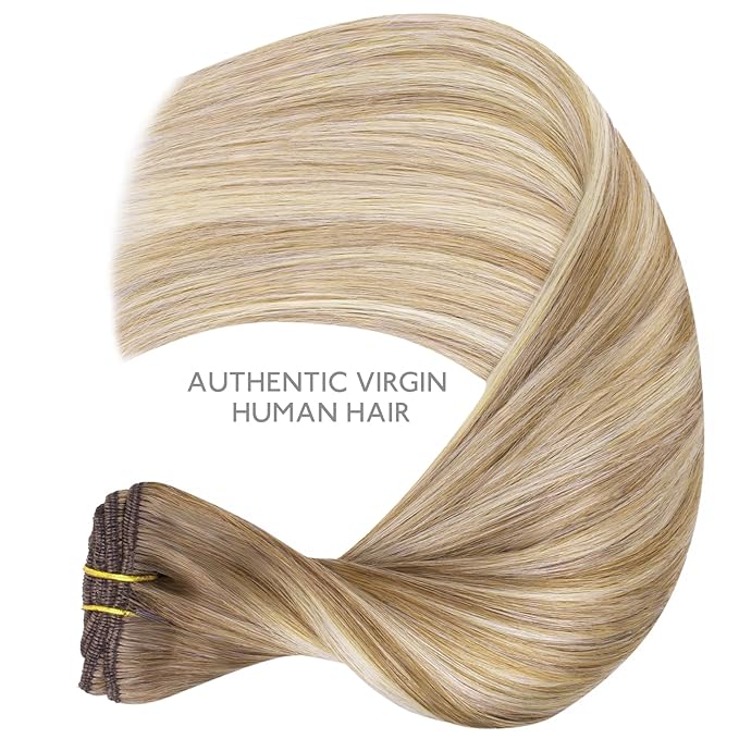 WENNALIFE Clip in Hair Extensions Real Human Hair, 12 Inch 80g 7pcs Remy Hair, Balayage Dirty Blonde with Platinum Ends Straight Natural Extensiones De Cabello Humano Con Clip Ins