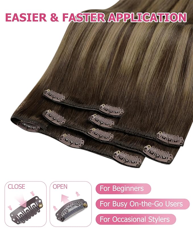 YoungSee 150g Balayage Clip in Hair Extensions Human Hair Chocolate Brown Mix Caramel Blonde Balayage Hair Extensions Clip in Human Hair Softness Clip ins Extension Straight Hair 20inch 7pcs
