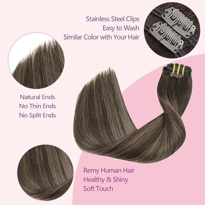 PINKPEARL Clip in Hair Extensions Human Hair Extensions, #2/6/2 Balayage Dark Brown to Chestnut Brown 120g 7pcs 22 Inch Real Human Hair Extensions Clip in Straight Remy Silky Weft(#2/6/2-22)