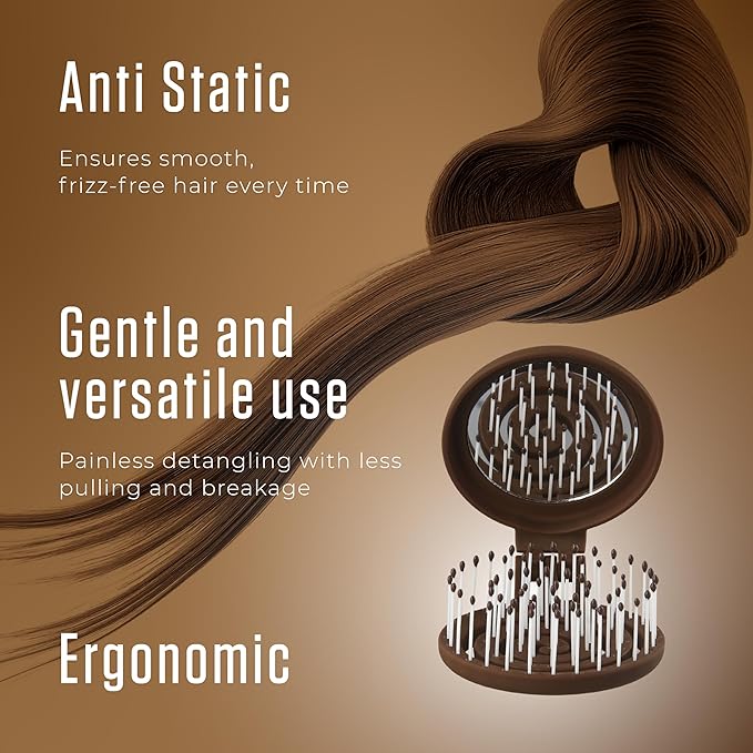 Mini Detangler Travel Hair Brush with Mirror, Makaron Hair Brushes for Women, Men and Kids, Unique 3D Flexible Design for All Hair Types, Styling Accessory, Travel Essentials for Women (DARK BROWN)