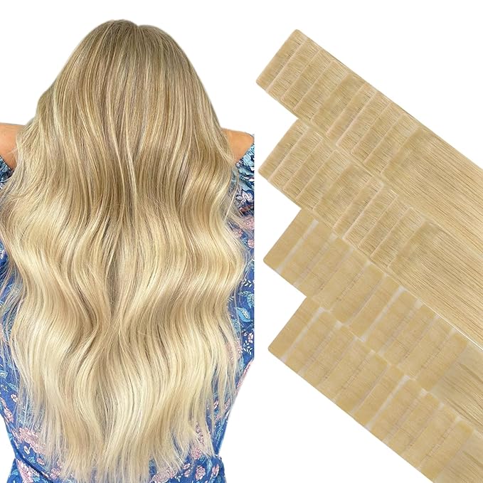 GOO GOO Invisi Edge Tape in Hair Extensions Human Hair, 18AT60A Pearl Ash Blonde Highlights 20pcs injected with 20pcs classical tape ins, 20inch 100g, Virgin Remy Hair, Natural Look