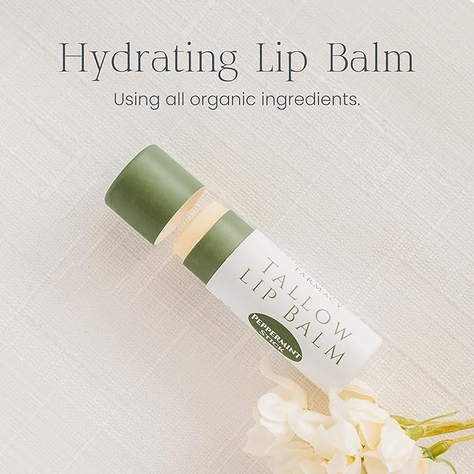 Organic Tallow Lip Balm (Peppermint) from Grass Fed Cows. Super hydrating with Tallow, Olive Oil, Honey, and Beeswax. Sustainable Cardboard Tubes & Hand Filled. Jumbo Size 0.5 oz.
