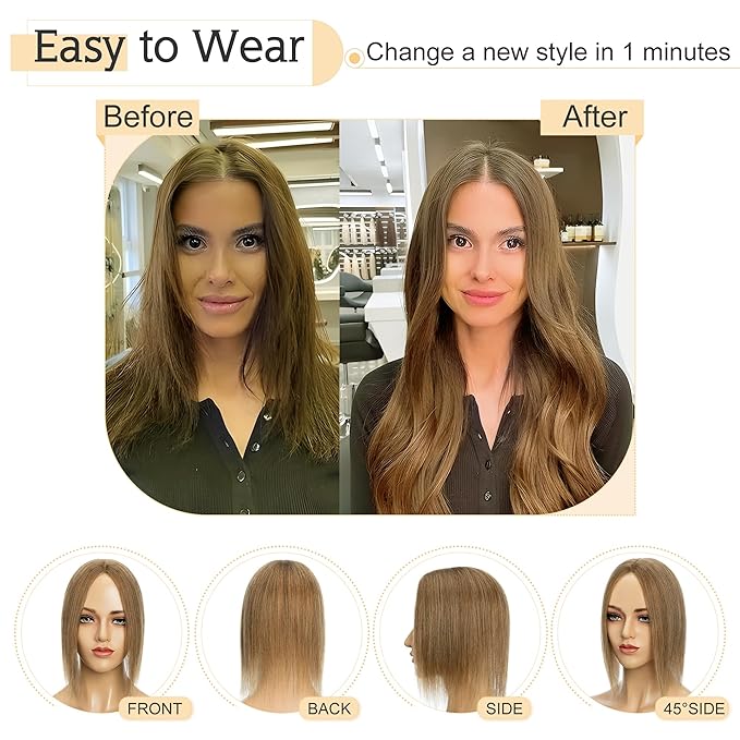SEGO Human Hair Toppers for Women With Thinning Hair, 7 * 13CM Silk Base 100% Real Human Hair Clip in Top Wiglet Hairpieces -18 Inch No Bangs Light Brown