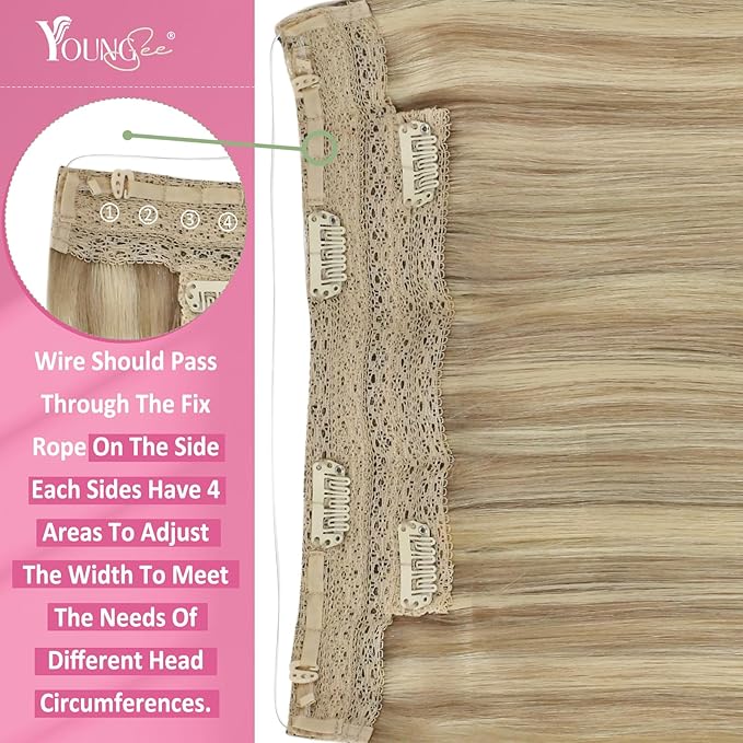 YoungSee 135G 24inch Invisible Wire Hair Extensions Blonde Highlight Hair Wire Light Blonde Highlights Golden Blond Fish Line Hair Extensions Real Human Hair for Natural Look
