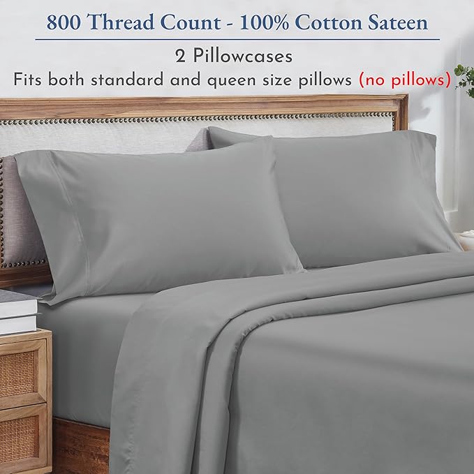California Design Den Heirloom Soft, Smooth & Thick Certified 800 Thread Count 100% Cotton Sateen, 2 Pillow Cases Standard Size Fits Standard & Queen Size Pillows (Light Grey)