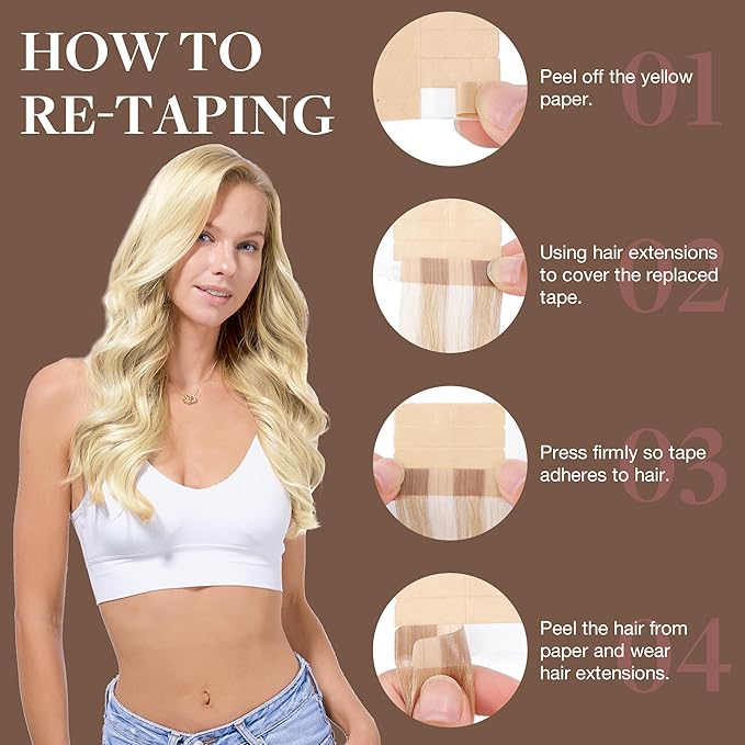 GOO GOO Tape in Hair Extensions Human Hair, 18ET90A Natural Blonde Balayage, 20inch 50g 20pcs, Skin Weft Seamless Invisible, Silky Straight with Thick Ends, Remy Human Hair