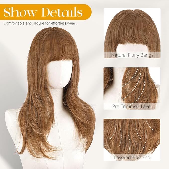 SOFEIYAN Long Straight Layered Auburn Blonde Wig with Bangs 24 Inch Synthetic Natural Hair Wig Soft Heat Resistant Long Wigs for Women Daily Party Use