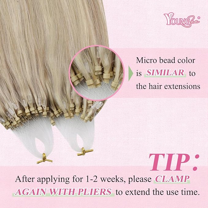 YoungSee Micro Bead Hair Extensions Real Human Hair Blonde Microlink Hair Extensions Highlight Ash Blonde with Medium Blond Beaded Hair Extension 14In Micro Ring Hair Extension 50g 50s Remy Hair